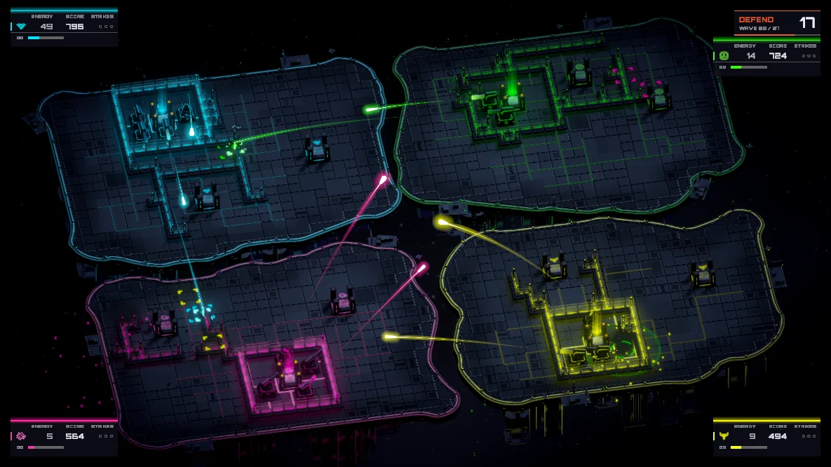Four players firing at each other's walls during Defend